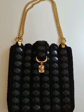Elegant Black Patent leather & Crochet Shoulder Bag. Stylish Gold Chain and Lock
